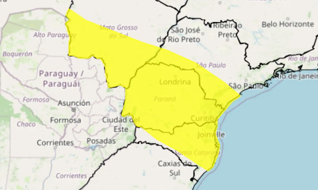 o mapa mostra &agrave;s &aacute;reas em alerta para chuva intensa